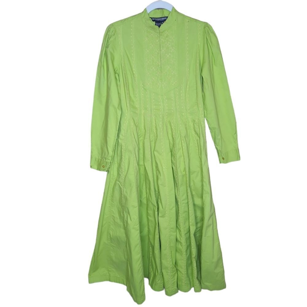 THE J PETERMAN COMPANY chartreuse green embroidered long sleeve dress XS
